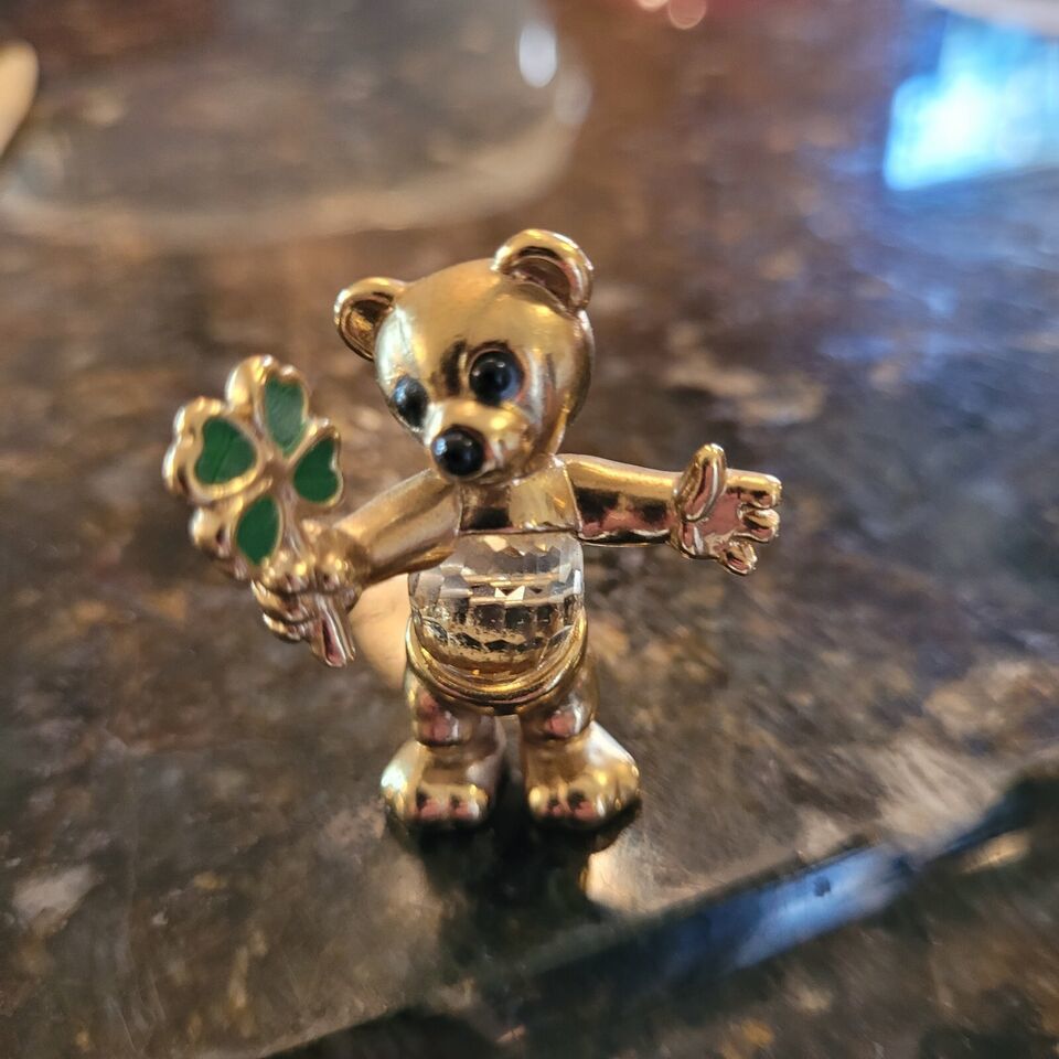 Teddy Bear Mini Figurine with Four Leaf Clover Cut Crystal - $69.95