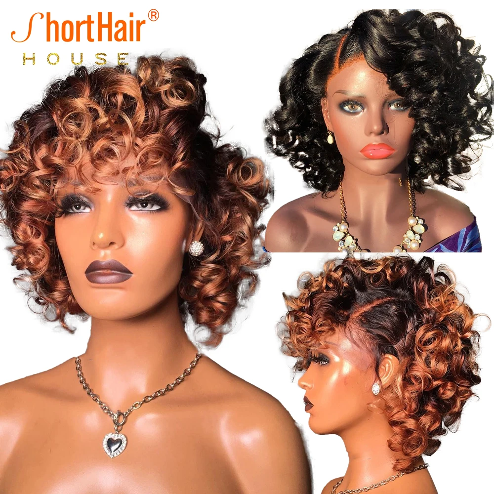 1B 30 Color Short Bob Curly Pixie 13x4 Lace Front Human Hair Wigs Brazili - £75.72 GBP+