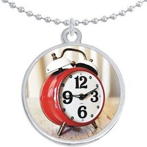 Vintage Alarm Clock Round Pendant Necklace Beautiful Fashion Jewelry - £8.58 GBP
