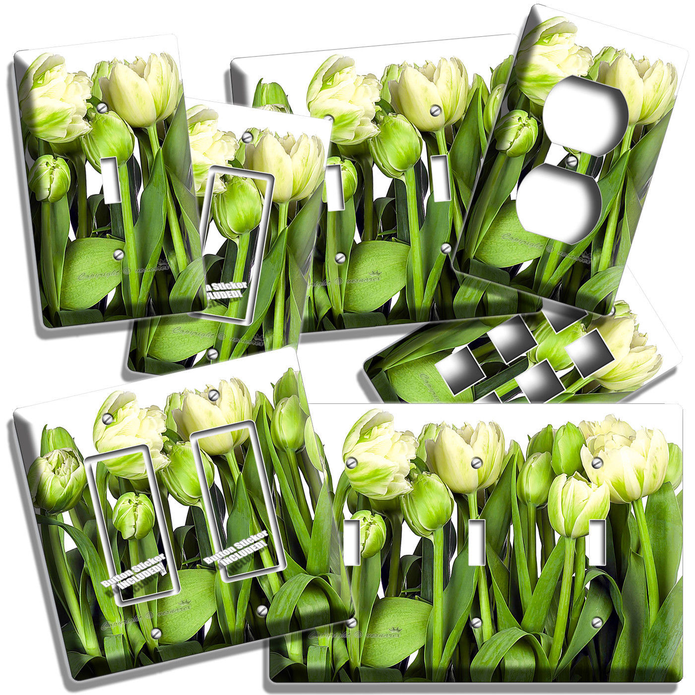 FLORAL WHITE GREEN STEM TULIPS FLOWERS LIGHT SWITCH OUTLET WALL PLATE ROOM DECOR