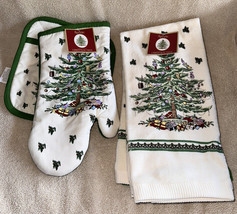 NEW Spode Christmas Tree 3 Kitchen Towels, 1 Oven Mitt &amp; 1 Potholder Holiday 5Pc - £38.59 GBP