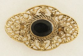 Vintage Costume Jewelry Gold Tone Metal Black Glass Floral Openwork Brooch Pin - £14.98 GBP