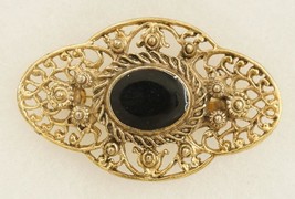 Vintage Costume Jewelry Gold Tone Metal Black Glass Floral Openwork Broo... - £14.75 GBP