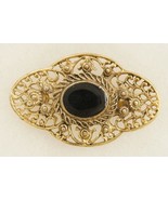 Vintage Costume Jewelry Gold Tone Metal Black Glass Floral Openwork Broo... - £14.69 GBP