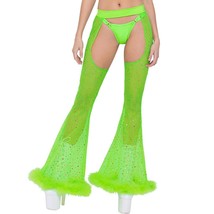 Sheer Mesh Chaps Shimmer Dotted Marabou Trim Bell Bottoms Flared Lime Green 6263 - £46.58 GBP