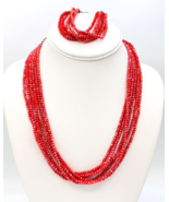 Multi Strand Faceted Red Glass Bead Necklace Bracelet Fashion Jewelry Set - $21.70 CAD