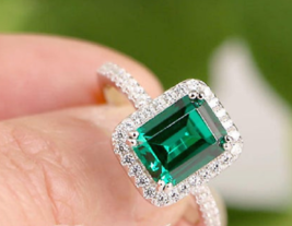 2.25 Ct Emerald Cut Green Emerald &amp; Diamond Engagement Ring 14K White Gold Over - £89.49 GBP