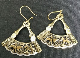 Vintage Pressed Metal Fan Shaped Earrings with Horse and Rider Pierced Hook Type - £9.66 GBP