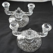 New Martinsville Glass Pair Double Candle Holders Teardrop 4457 Florentine Etch - £23.59 GBP