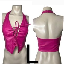 Pink Faux Leather Halter Lace Up Vest Crop Top~ Size L - £20.29 GBP