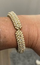 Faux Pearl and Crystal Gold Hinged Cuff Bracelet Vintage Costume Jewelry... - $16.82
