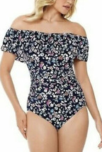Swim Solutions VINTAGE DITSY NAVY Off-the-Shoulder One-Piece Swimsuit - ... - $49.99