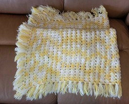 Cozy Soft Handmade Knit Baby Blanket Crib Throw Fringe Yellow Cotton 32 x 36 - £13.41 GBP