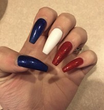 Set Of Painted Red White Blue Glitter Glossy  Long Coffin False Nails - £6.32 GBP