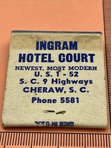 Old Rare Matchbook  Ingram Hotel Court Restaurant  Cheraw, S.C. Unstruck... - $230.57 MXN