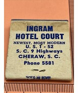 Old Rare Matchbook  Ingram Hotel Court Restaurant  Cheraw, S.C. Unstruck... - $227.88 MXN