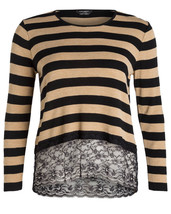 New NWT Womens Max Mara Marina Rinaldi Sweater L Black Tan Lace Italy Wool Strip - £222.33 GBP