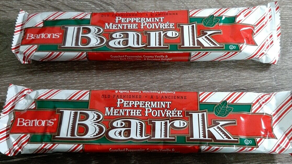 (2) Barton's Peppermimt Bark, crunched peppermimt creamy vanilla & dark choc.76g