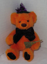 Russ Berrie Halloween Bear PUNKIE 8&quot; with bow orange broom witch hat glitzy - $17.48