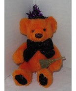 Russ Berrie Halloween Bear PUNKIE 8&quot; with bow orange broom witch hat glitzy - $377.72 MXN