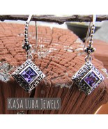 Square Cut Amethyst CZ earrings - february birthstone- SOLID sterling si... - $1,047.42 MXN