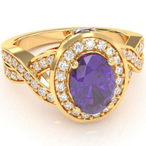 Three Stone Amethyst Diamond Peekaboo Halo Engagement Ring In 14k Yellow Gold - £640.66 GBP