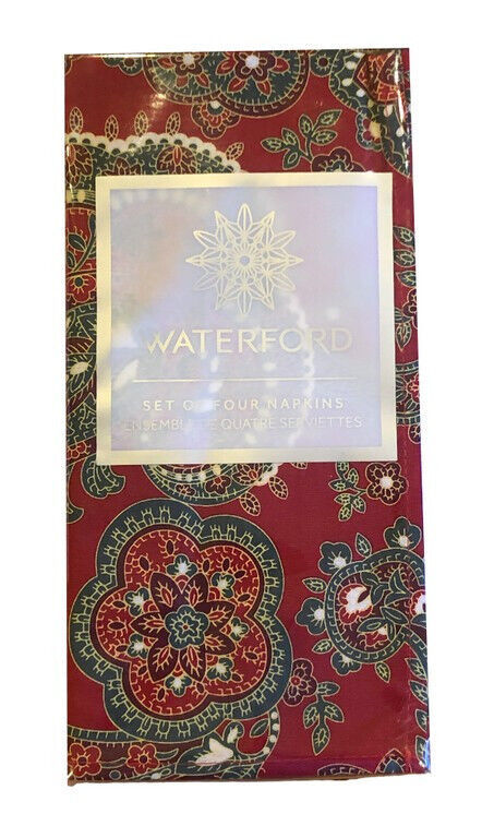 Waterford Fine Linens Christmas Paisley Set of 4 Napkins Cranberry Red Green - $28.91