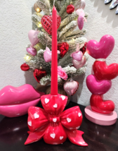 Valentines Red Bow Pink Hearts Resin Candlestick Candle Holder Tabletop ... - $26.99