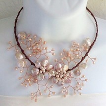Double Pink Pearl Flower Ray Ribbon Wire Necklace - $28.70