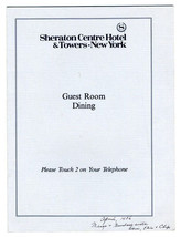 Guest Room Dining Menu Sheraton Centre Hotel &amp; Towers New York 1986 - £15.62 GBP