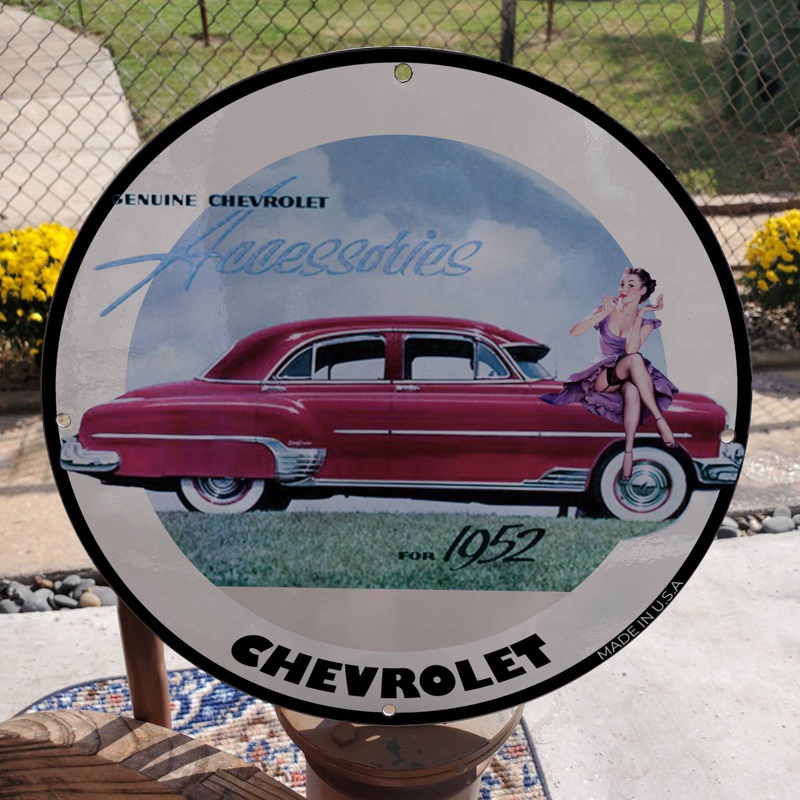 Vintage 1952 Chevrolet Automobile Accessories Porcelain Gas & Oil Pump Sign - £98.36 GBP