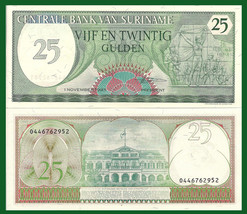 10 notes - Suriname P127b, 25 Gulden, Monument / People&#39;s Palace 1985 UNC - $20.00