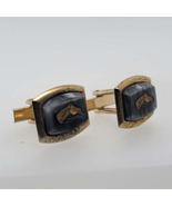 Old brass cufflinks with faux marble stamped Horseheads - $47.31 CAD