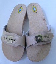 Vintage Original Dr. Scholl&#39;s Wood Sole Slides Sandals 6 Tan Leather Italy - £51.05 GBP