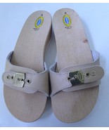 Vintage Original Dr. Scholl&#39;s Wood Sole Slides Sandals 6 Tan Leather Italy - £51.10 GBP