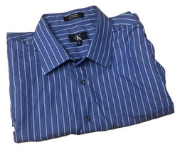 Calvin Klein Button Up Shirt Men XL Sz 17.5 Long 36/37 Sleeve Blue White Stripe - £10.03 GBP