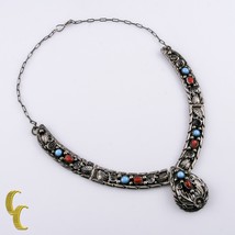 Signed H Sterling Silver Panel Necklace w/Turquoise &amp; Coral Stones - £248.69 GBP