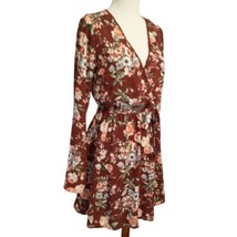 Faux Wrap Floral Cottagecore Dress S Hippie Rust Mini Flutter Sleeves Fl... - £17.82 GBP
