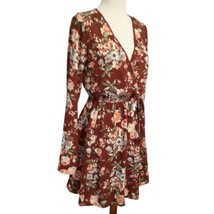 Faux Wrap Floral Cottagecore Dress S Hippie Rust Mini Flutter Sleeves Fl... - £17.79 GBP