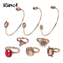 8pcs Boho Sun Flower Jewelry Sets For Woman Open Cuff Bangles Adjustable Rings G - £10.03 GBP