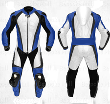 New Men&#39;s Blue White Cowhide Leather Speed Hump Two Piece Suit  Safety Pads-636 - £324.77 GBP