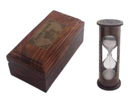 3.5&quot; Antique Brown Brass White Sand Timer/Hourglass in Wood Box | Mariti... - £21.46 GBP