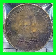 1942 South Africa One Penny Dromedaris Sailing Ship - Vintage World Coin - $14.84