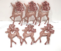 6 Christmas Rose Gold Pink Glitter Reindeer Shabby Pink Plastic Ornaments 5.25&quot; - £15.95 GBP