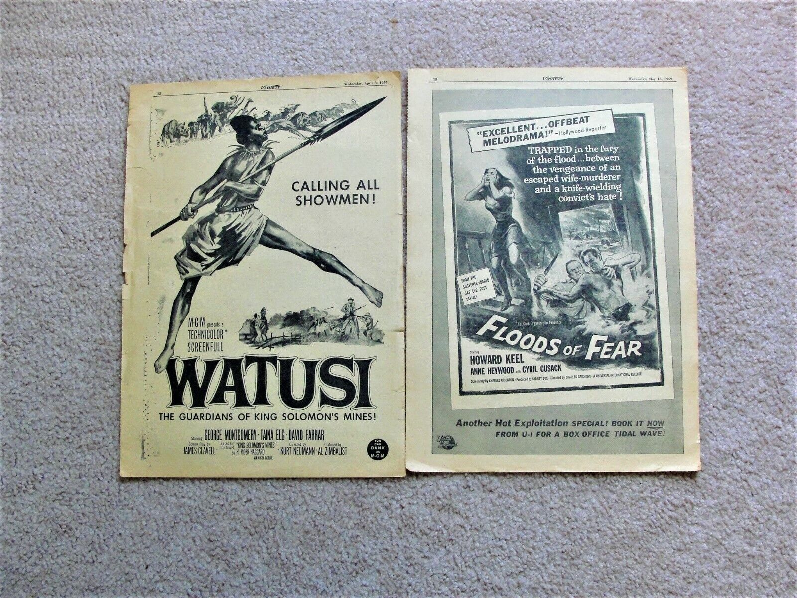 Primary image for Watusi & Floods of Fear (2) Pages Movie Ads from Variety Newspaper 1959.    