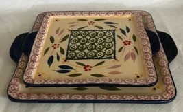 Cheese &amp; Crackers Ceramic Tray (2) Nesting Handles Floral Serving Plates Euc - £24.35 GBP