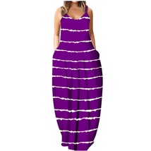 Elegant Stripe Printing Boho Loose Dress Women Sleeveless Long Maxi Dress Backle - £152.37 GBP