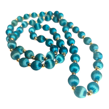 Teal Blue Satin Fabric Covered Beads Long Beaded Necklace Vintage Jewelry  - $275.87 MXN