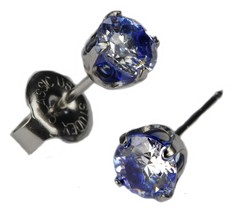 Ear Piercing Studs Earrings Silver 5mm Neon Blue Rimmed CZ Stainless Studex Syst - $9.49