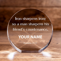 Iron Sharpens Iron Proverbs 27:17 Circle Cut Crystal Personalized Christian - $99.74+